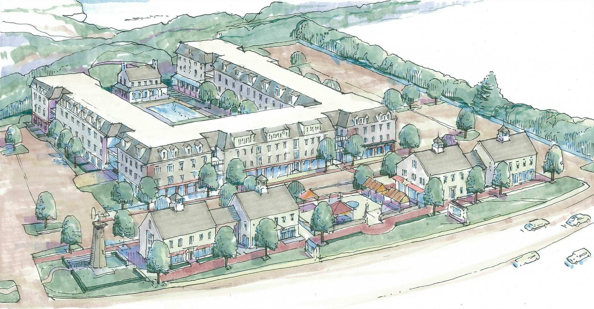 Hand-drawn aerial rendering of the proposed mixed-use scheme