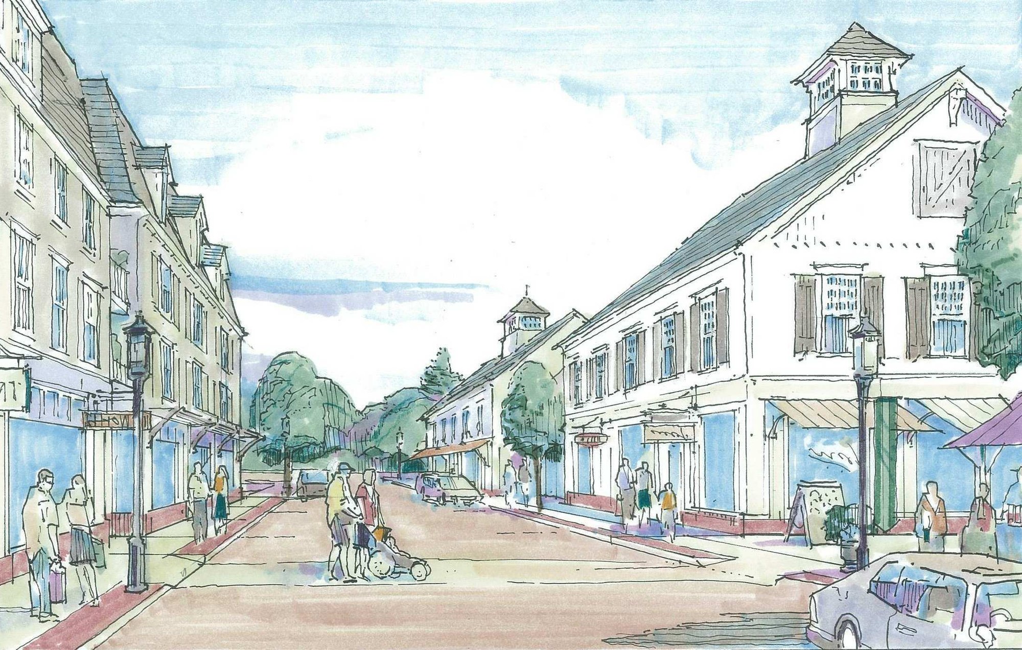 Hand-drawn street-level rendering of the proposed internal street