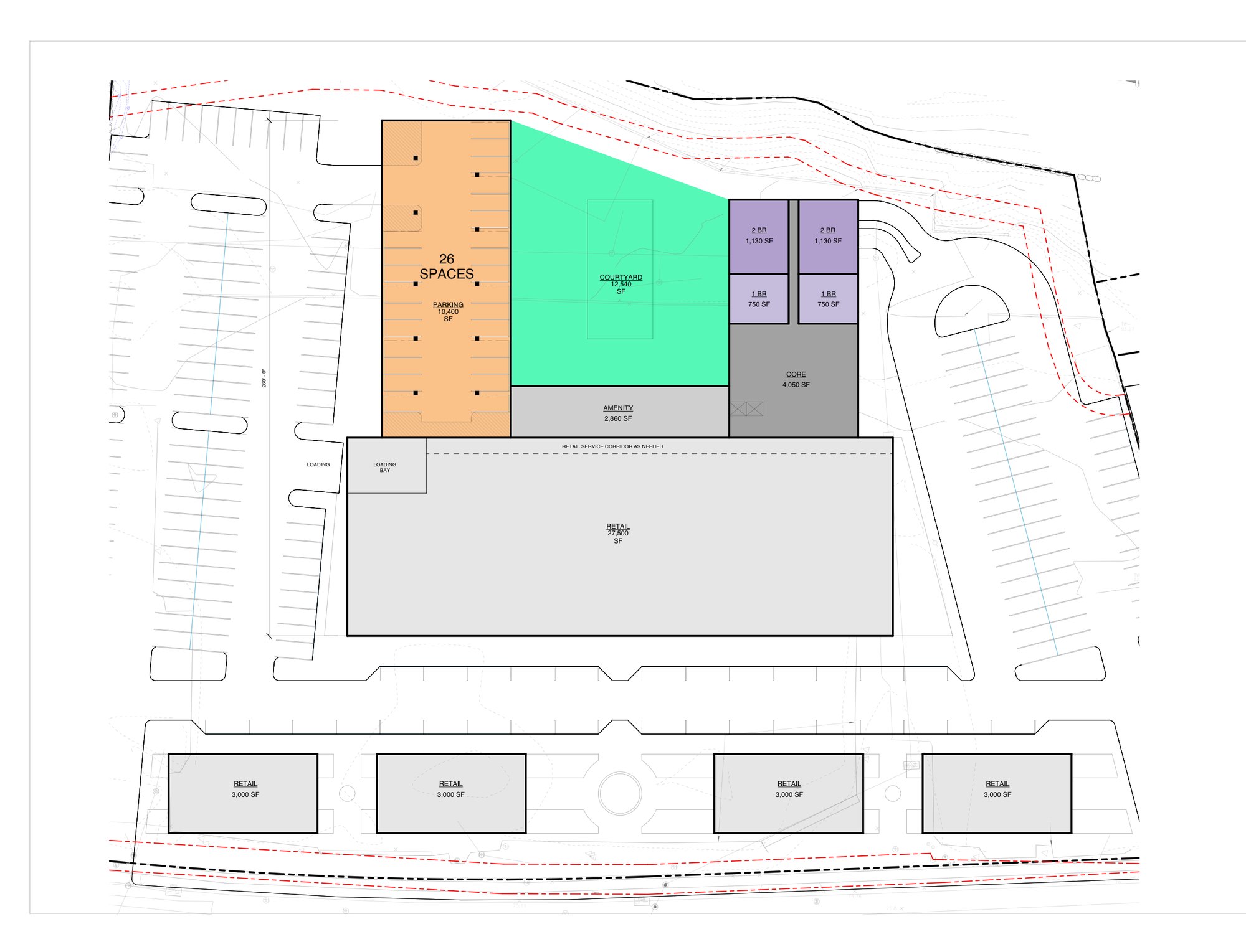 Ground level plan showing retail, amenity and courtyard